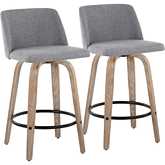 Toriano 26" Swivel Counter Stool in White Washed Wood & Grey Fabric with Black Footrest (Set of 2)